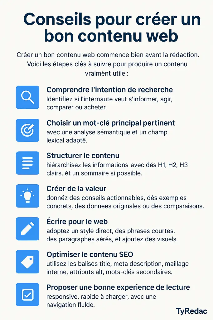 Infographie avec liste des choses à faire pour créer un bon contenu d apres Google