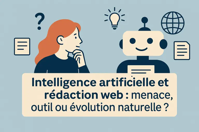 intelligence artificielle redaction web, un robot en discute avec une rédactrice web